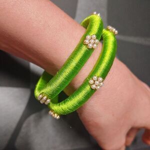 Lot of 2 Lime Green Bangle Bracelets with Pearl Flowers